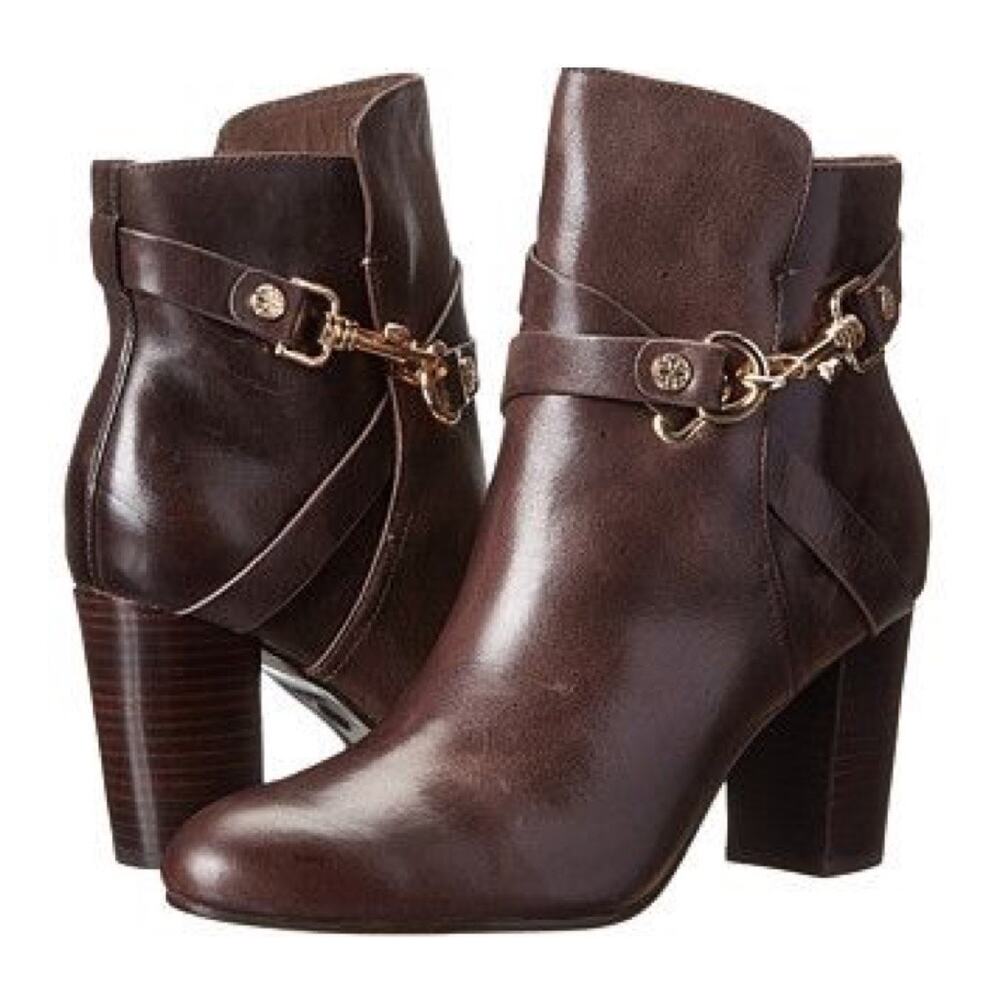 Isola Colleen Heeled Leather Ankle Boot Harness Buckle Equestrian Preppy Brown